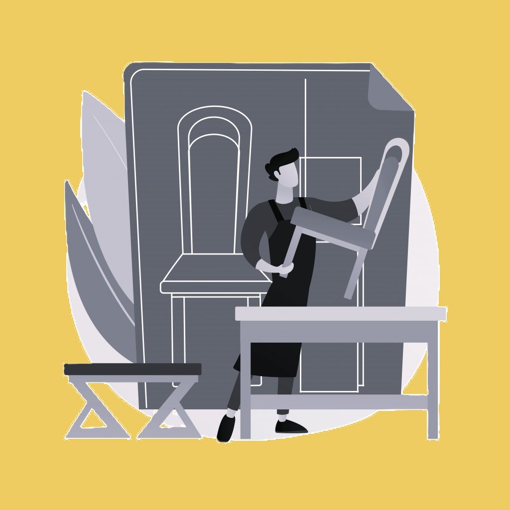 Tapissier d'ameublement en siège ou tapissier garnisseur en train de travailler (dessin)